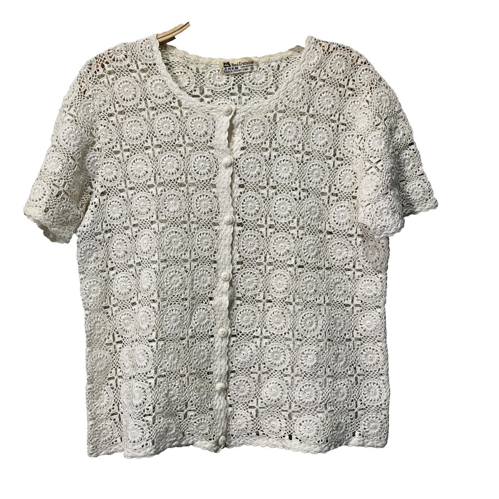 Vintage Hand Crocheted Cardigan Women XL Cream‎ Floral Medallion Button Front